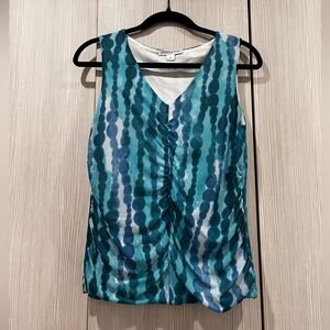 Pendleton Silk Nylon Sleeveless Tank Blouse Blue Teal Pattern Size Small Ruched